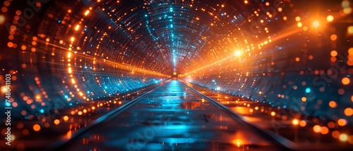 3D Futuristic Sci-Fi High-Tech Empty Space Pathways with Neon Blue and Orange Glowing Light Strips © Zaleman