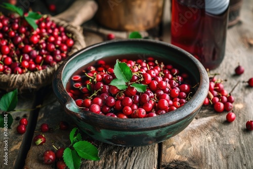 Macerating fresh hawthorn berries in red wine - preparation of medicinal drink photo