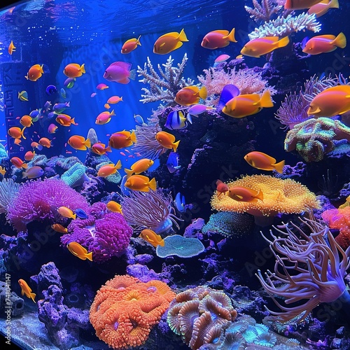 Underwater marvels in a coral reef aquarium, showcasing exotic marine life in vivid colors, promoting conservation
