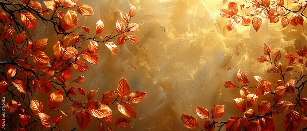 Flower and leaf abstract oil painting technique. Luminous golden texture. Prints, wall papers, posters, cards, murals, carpets, decorations, wall paintings, posters.