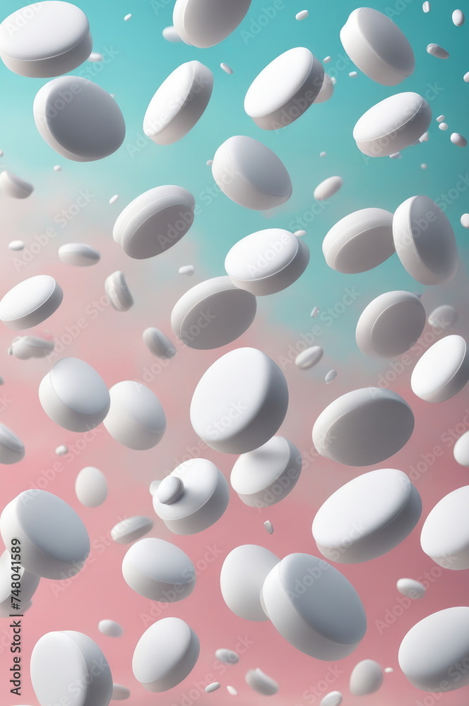 Assorted Pills and Tablets Suspended in Air on Pastel Background