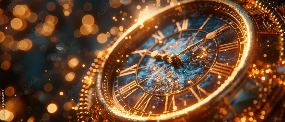 An abstract defocused background with a clock and fireworks waiting for midnight in 2024