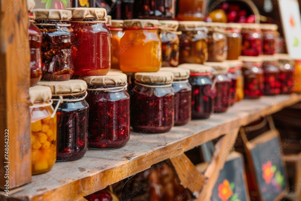 Jars of homemade jams and sauces at a local farmer's market. Generative AI
