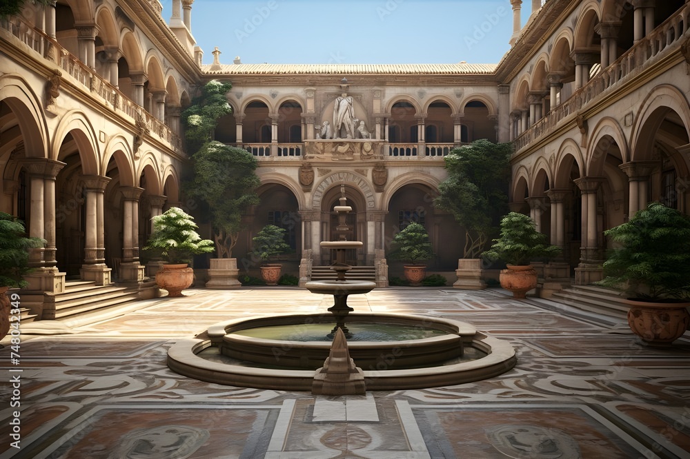 Renaissance Revival Courtyard: A Renaissance-inspired courtyard with ornate sculptures, archways, and a central fountain.

