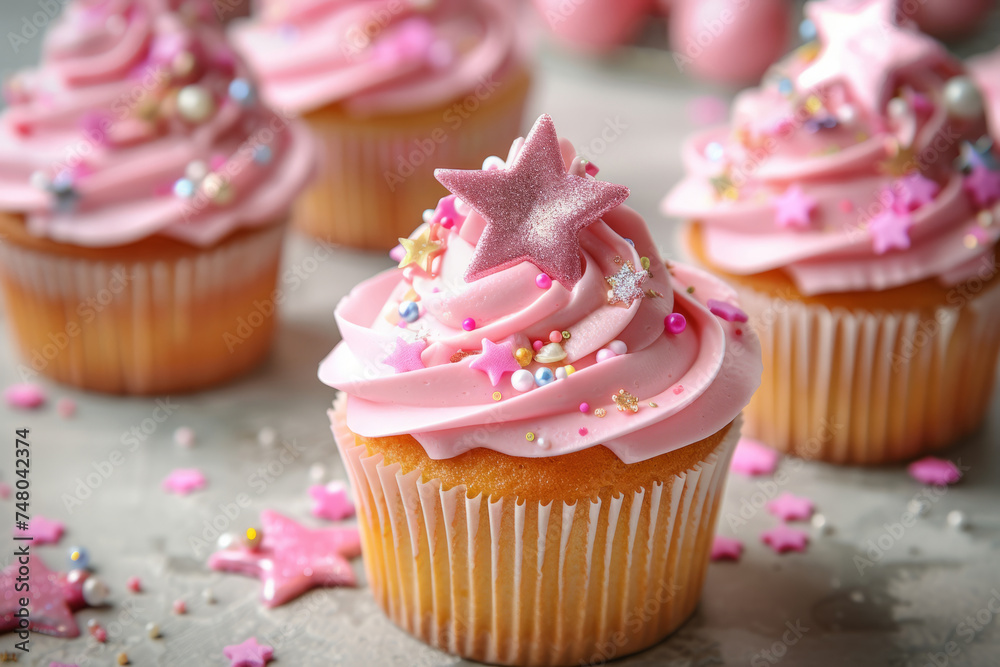 Cute princess themed cupcakes for a little girl decorated with sugar stars. Generative AI Cute princess themed cupcakes for a little girl decorated with sugar stars. Generative AI