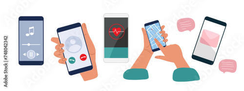 Mobile Phone Apps. Phone with different types of applications isolated on while background. Calls, health, maps, messengers, listening to music. Vector flat illustration. Screen devices, use phone.