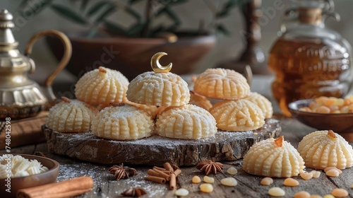 Assorted semolina maamoul or mamoul cookies, awameh or lokma with dallah and crescent moon in ramadan decor. Traditional arabic sweets for Eid al Adha, Eid al Fitr, and Ramadan.