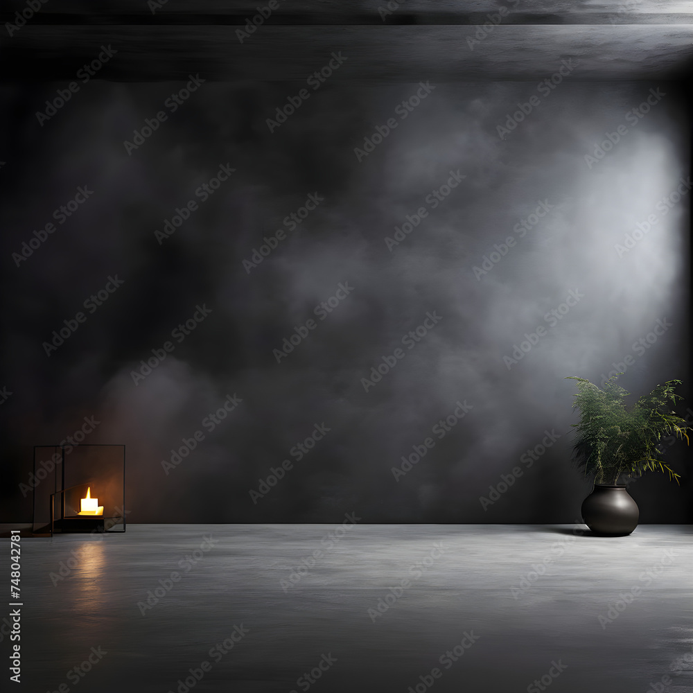 Empty dark abstract cement wall and studio room with smoke floating interior texture to display product wall background.