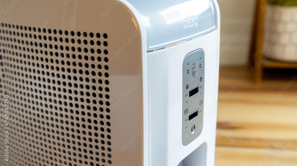 Fototapeta premium The handle of a portable dehumidifier ergonomically designed for easy carrying and maneuvering around the house.