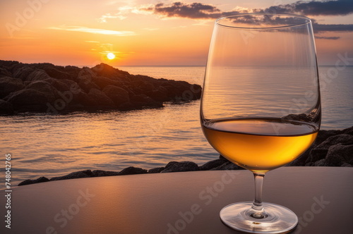 Sunset in Glass of White Wine by the Seashore © dashtik