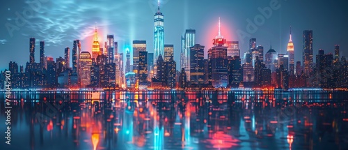 Skyscrapers at night in New York, double exposure with growing arrows and metaverse abstract lines. Concept of smart cities, future technology, and global connectivity.