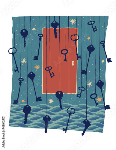 Ready-made isolated printed poster made up of hand-drawn silhouettes of various keys hanging on a rope, a red door in the starry sky over the sea, a light in the keyhole. Vintage color palette from th