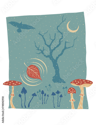 Finished isolated print poster composed of hand drawn psilocybean mushrooms, fly agarics, tree silhouette, flying eagle silhouette, red leaf, moon and centric circles on water. Vintage color palette f photo