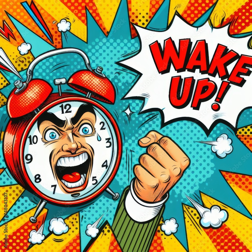 Retro Wake-Up Call: Vector Illustration with a Comic Alarm Clock Ringing, accompanied by an Expression Speech Bubble featuring 