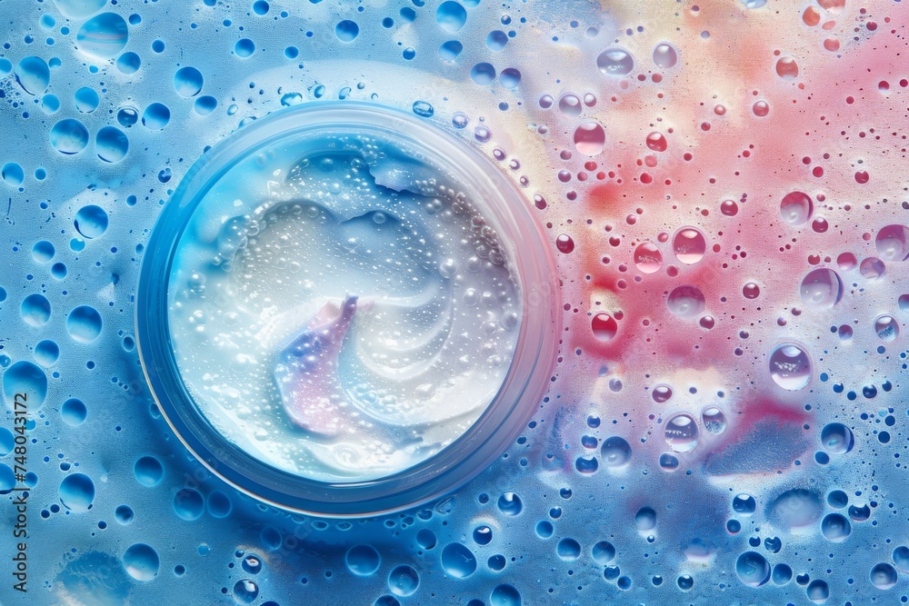 Fototapeta premium Facial toothy skin care cream. Skincare treatment products: wellness assessment lotion, skincare raspberry seed oil gel, oil, pipette with isolated serum and make up jar pot