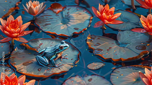Water lilies and frog on the leaves of water lil photo