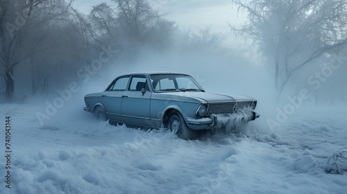 Solitary Winter Drive: Oldtimer in Snow Mist