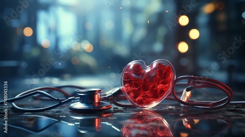 A close-up shot of a stethoscope and a medical heart symbol, with sound waves emanating from the heart, representing cardiac health and auscultation, captured in high-definition precision