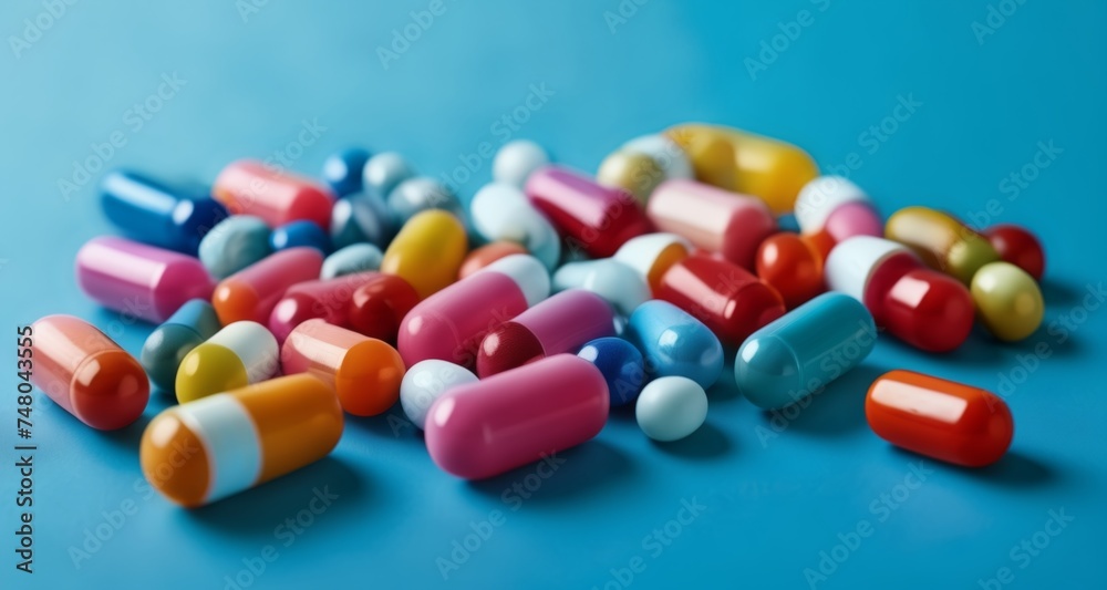 A colorful array of pills on a blue background A colorful array of pills on a blue background
