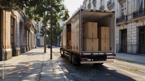 Truck with open doors on the street with boxes loaded inside, Moving And Delivery concept.