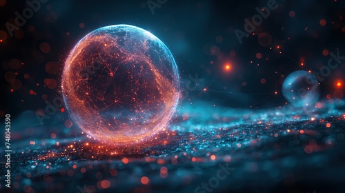 3d rendering of abstract crypto sphere with particles and lines on dark background