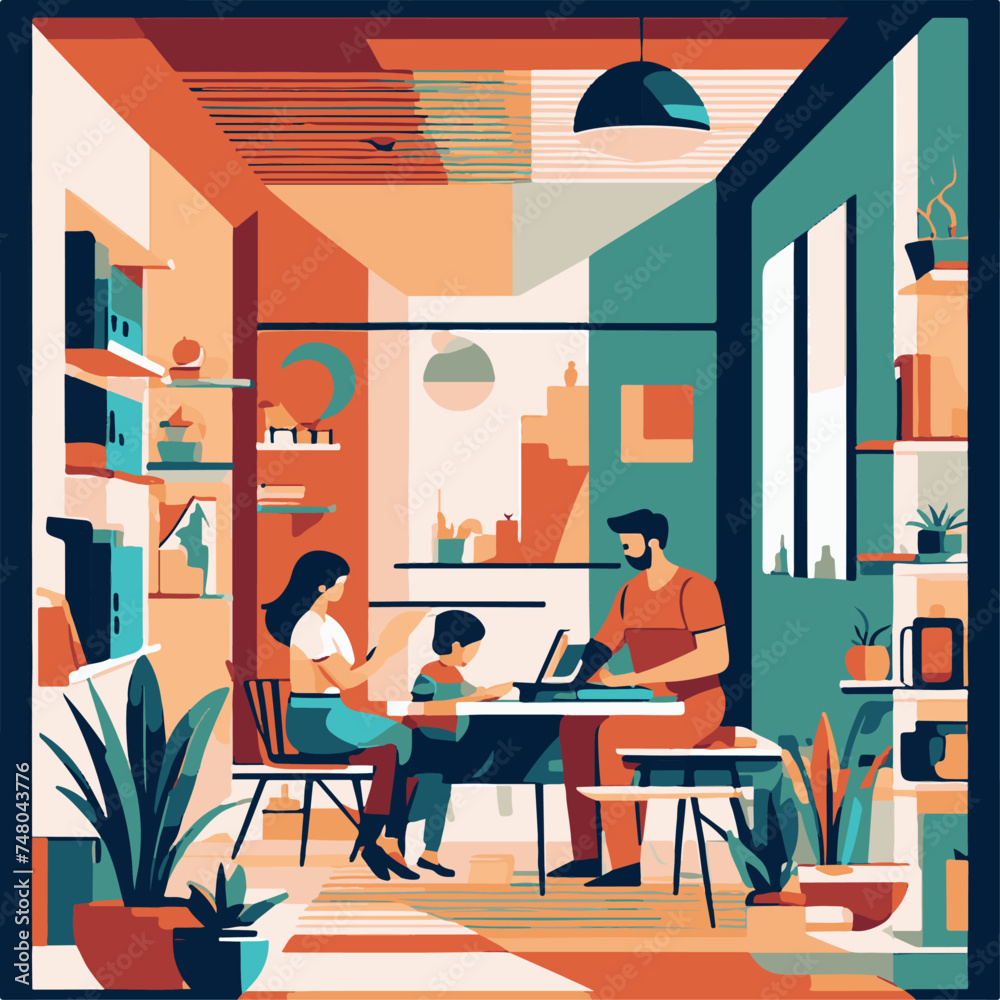 Vector illustration of people working at home. Man and woman sitting at table and working on laptop. Work from home concept. Vector illustration of people working at home. Man and woman sitting at table and working on laptop. Work from home concept.