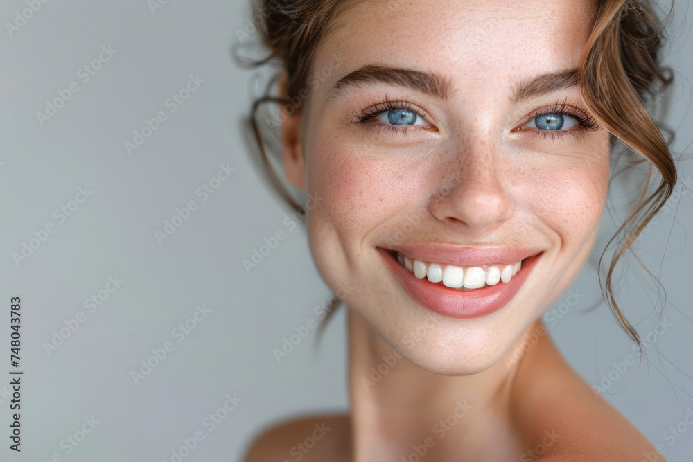 Beautiful smiling woman with clean skin, on grey background. Beautiful smiling woman with clean skin, on grey background.