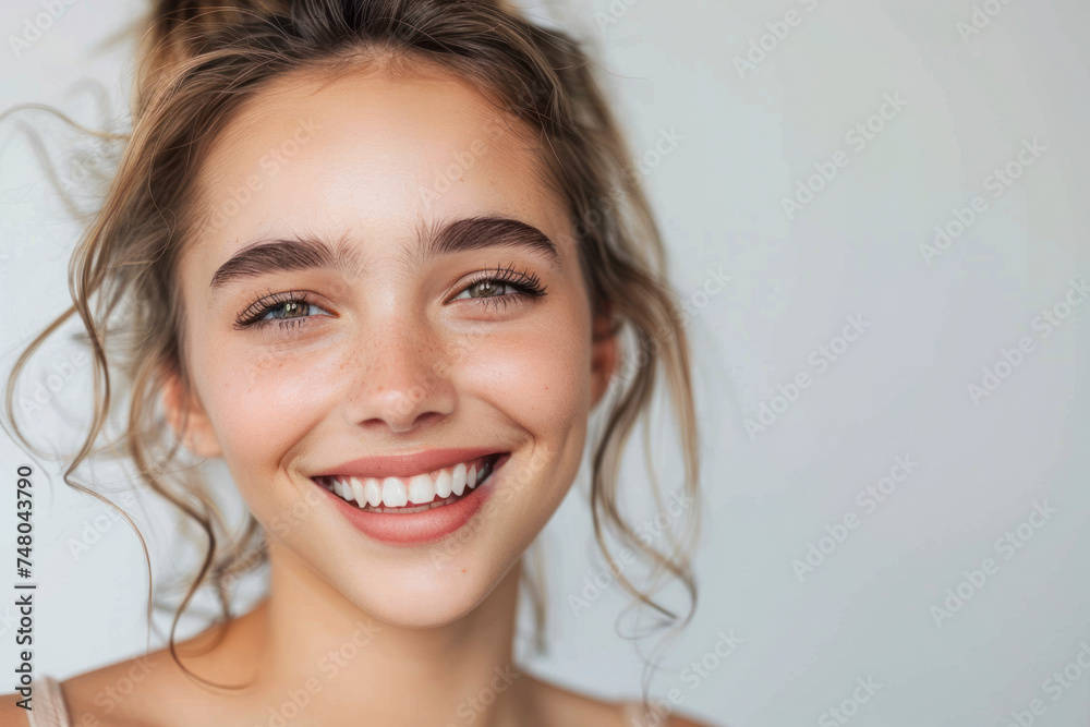 Beautiful smiling woman with clean skin, on grey background. Beautiful smiling woman with clean skin, on grey background.