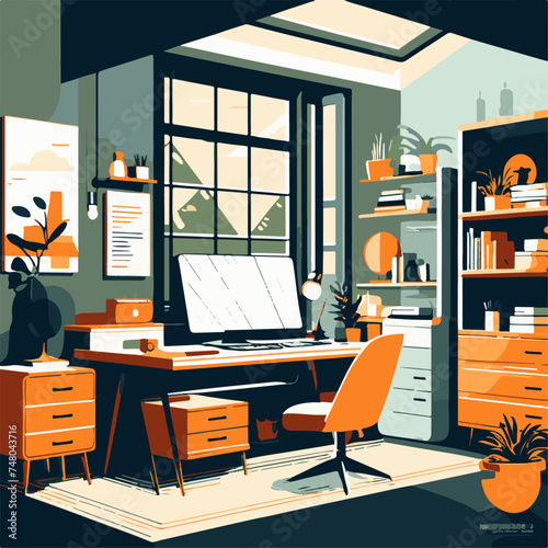 Vector illustration of a young woman working at home in the living room