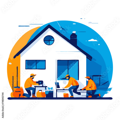 Flat vector illustration of workers installing a new house in the yard