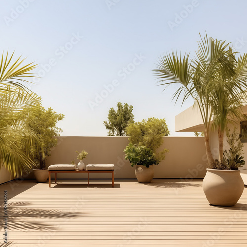 Empty outdoor roof terrace with potted plants in minimal style, for product photography or background