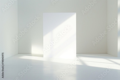 A white rectangular blank canvas stands in a bright  sunlit room