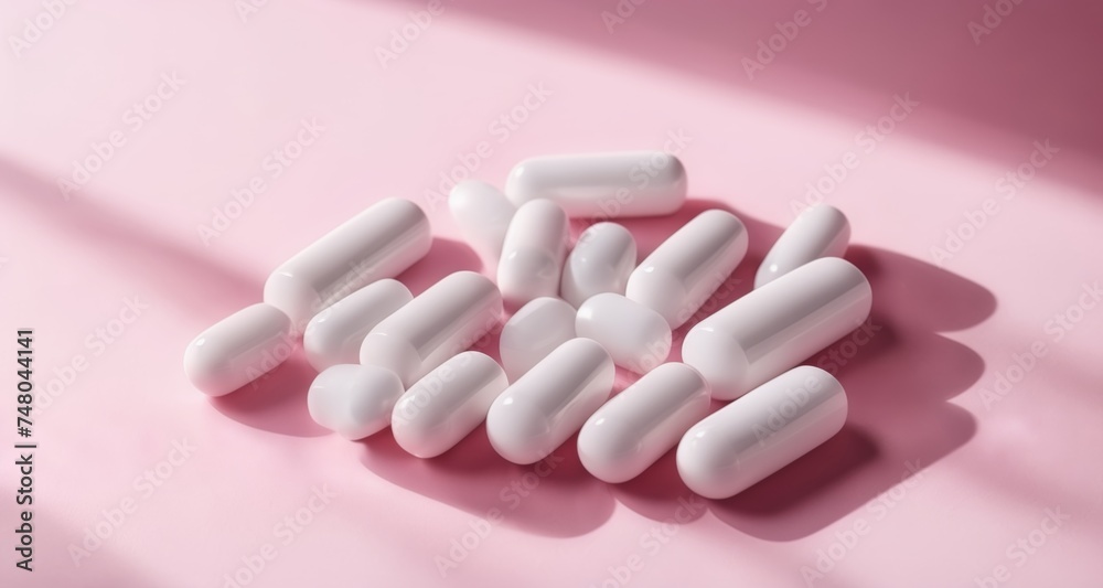A collection of white capsules on a pink background A collection of white capsules on a pink background