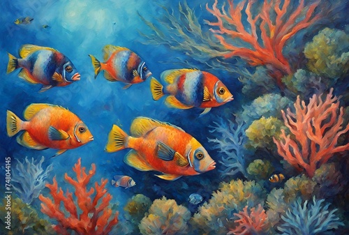 Colorful tropical fish and coral reef marine, aquatic life illustration 