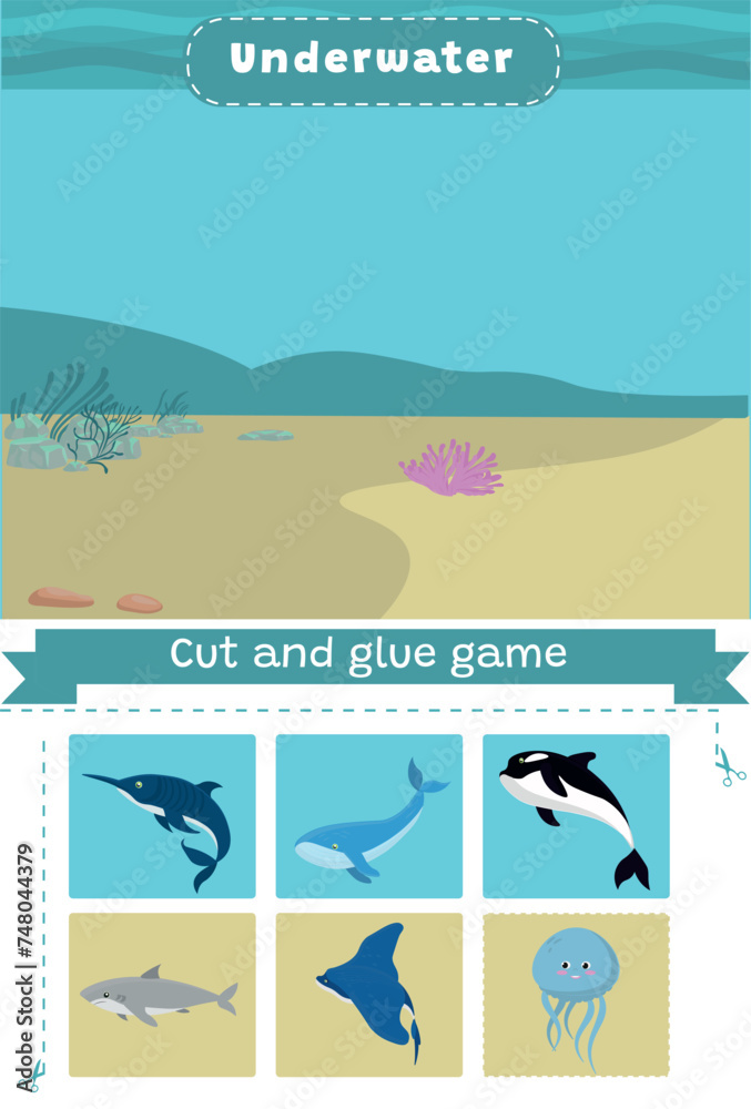 ector cut and glue activity. Underwater. Sea life.  Crafting game with сartoon childish illustration. Fun printable worksheet. 