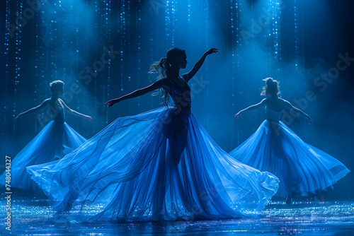 Ballet Dancers in Blue Gowns Perform on Stage in Mysterious Dreamlike Scenes