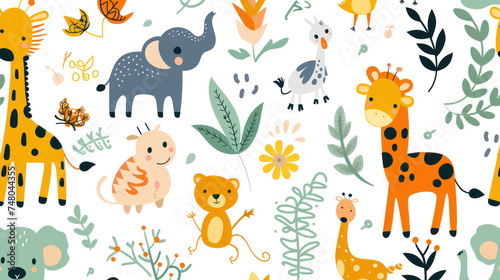 Cute Cartoon Pattern of Animals and Plants on a White Background