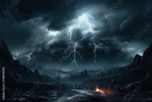 wild rocky mountain land  among sharp mountain pikes  concentration of energy  natural rage with strong numerous lightning strikes