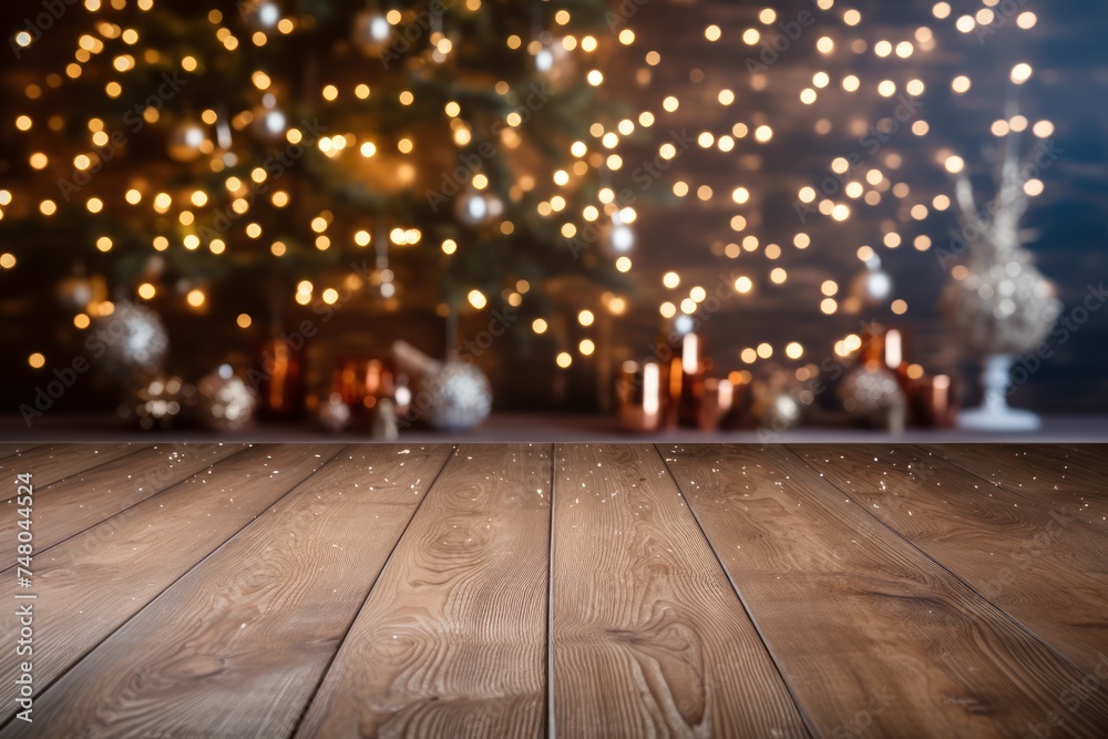 christmas background with fine wood boards on the floor and defocused interior with christmas decorations christmas background with fine wood boards on the floor and defocused interior with christmas decorations