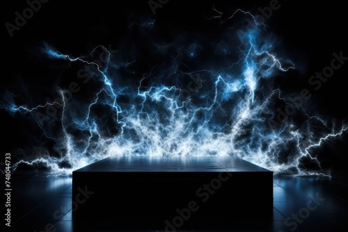 massive electric storm with numerous bright powerful electric multiple discharges around mysterious podium