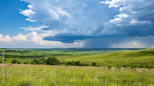 Wind blown rural fields and storm clouds in summ