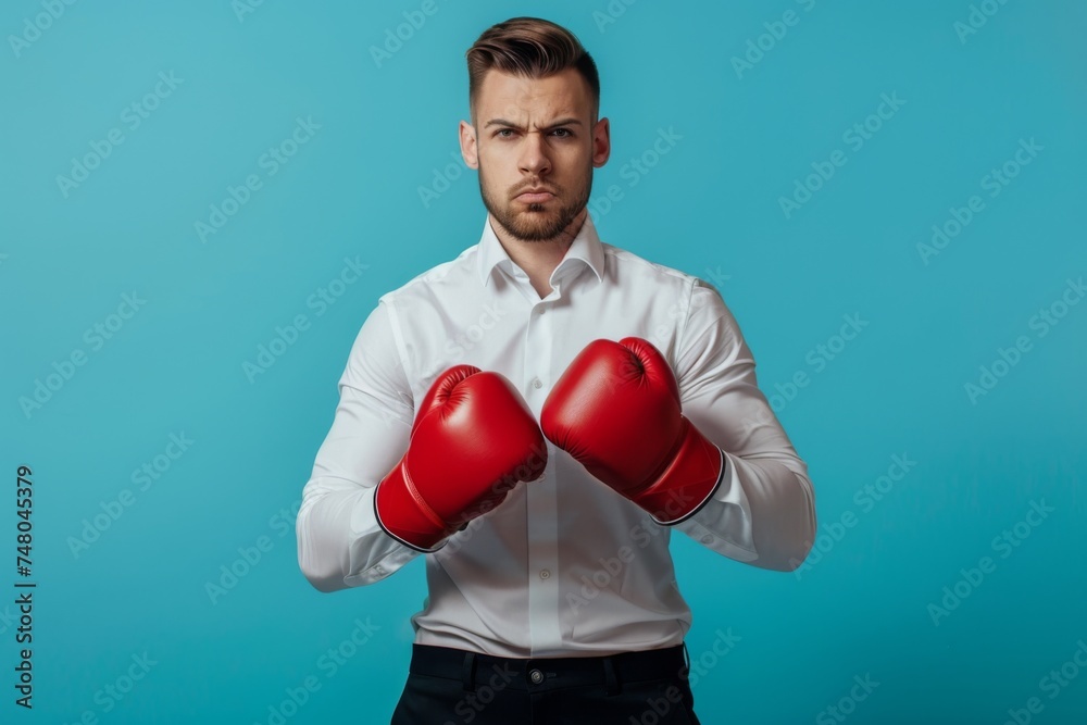 A businessman wearing boxing gloves, ready for a challenge, isolated on a blue background. A businessman wearing boxing gloves, ready for a challenge, isolated on a blue background.