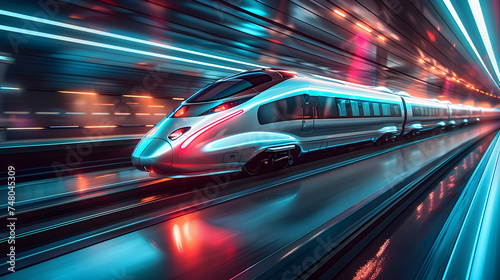 Futuristic Light Teal and Red Train in a Tunnel
