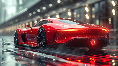Futuristic Red Sports Car Driving Down a City Street