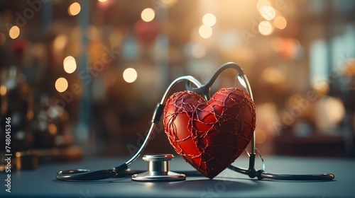 A high-definition image of a stethoscope intertwined with a heart symbol, representing the connection between medical care and cardiovascular health, captured with high-definition clarity photo