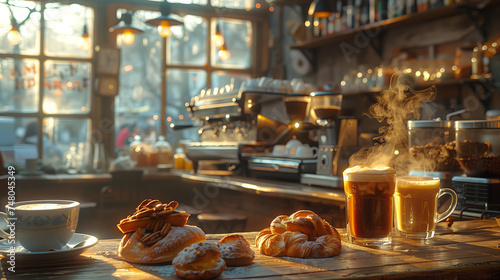 A cozy café scene with steaming cups of coffee, freshly baked pastries, and people engaged in conversation