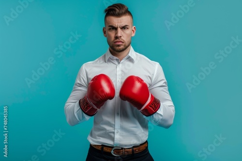 businessman in boxing gloves isolated on blue  © Jennie Pavl