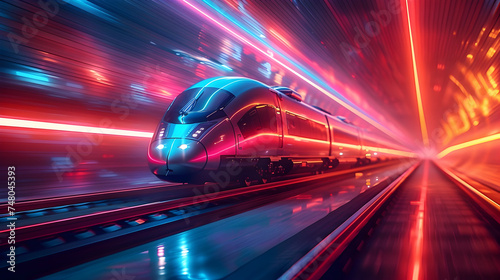 Futuristic Train Travel Through Fluorescent Tunnel