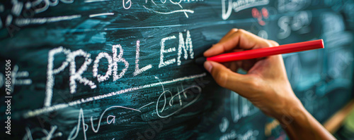 Hand erasing the word PROBLEM written in white chalk on a blackboard, symbolizing solution finding, overcoming challenges, and positive mindset photo