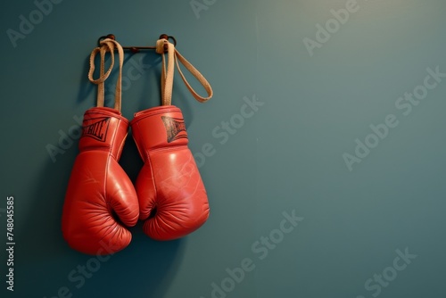 Pair of red boxing gloves hanging on wall 